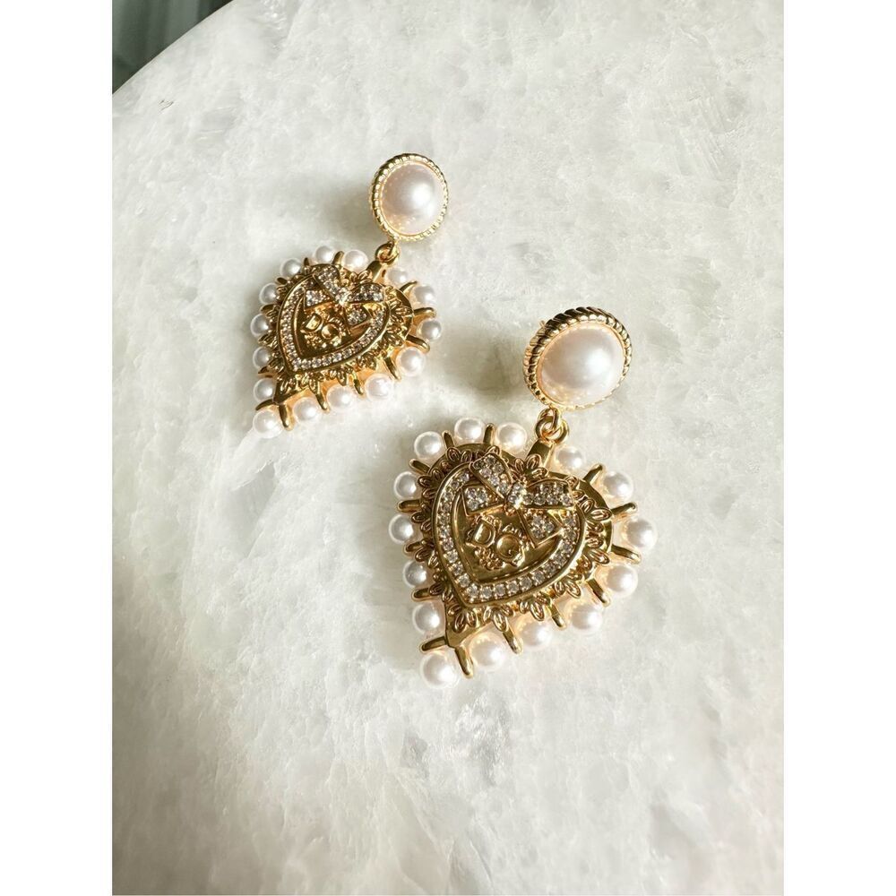 Gold Pearl Heart Drop Earrings - Elegant Women’s Jewelry - Picture 7 of 7